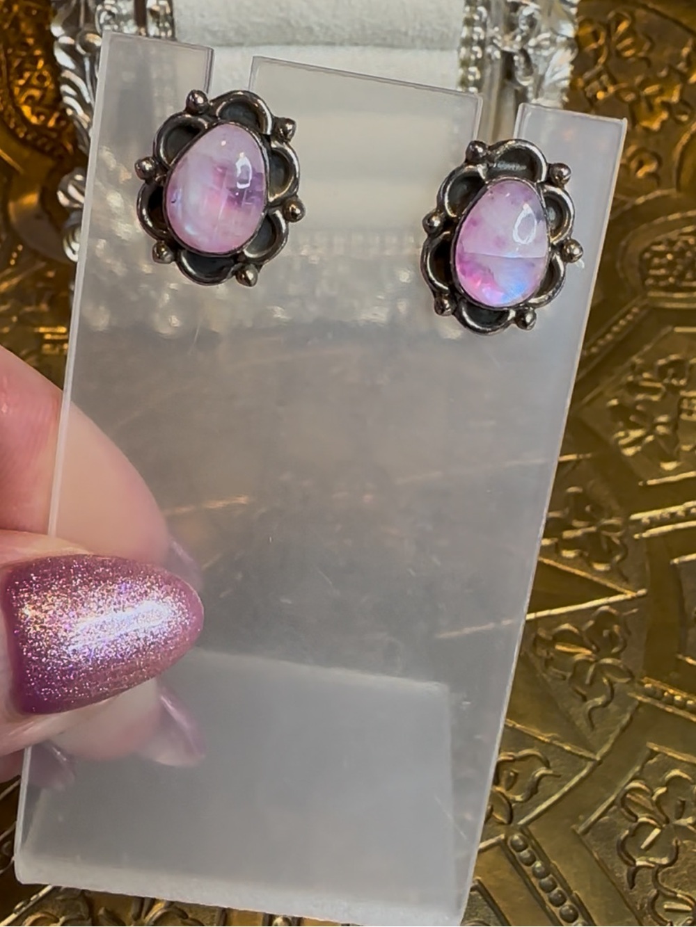 Pink Moonstone Antiqued Sterling Silver S925 Stud Earrings